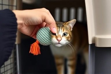 Hand offering treats and toy into cat carrier